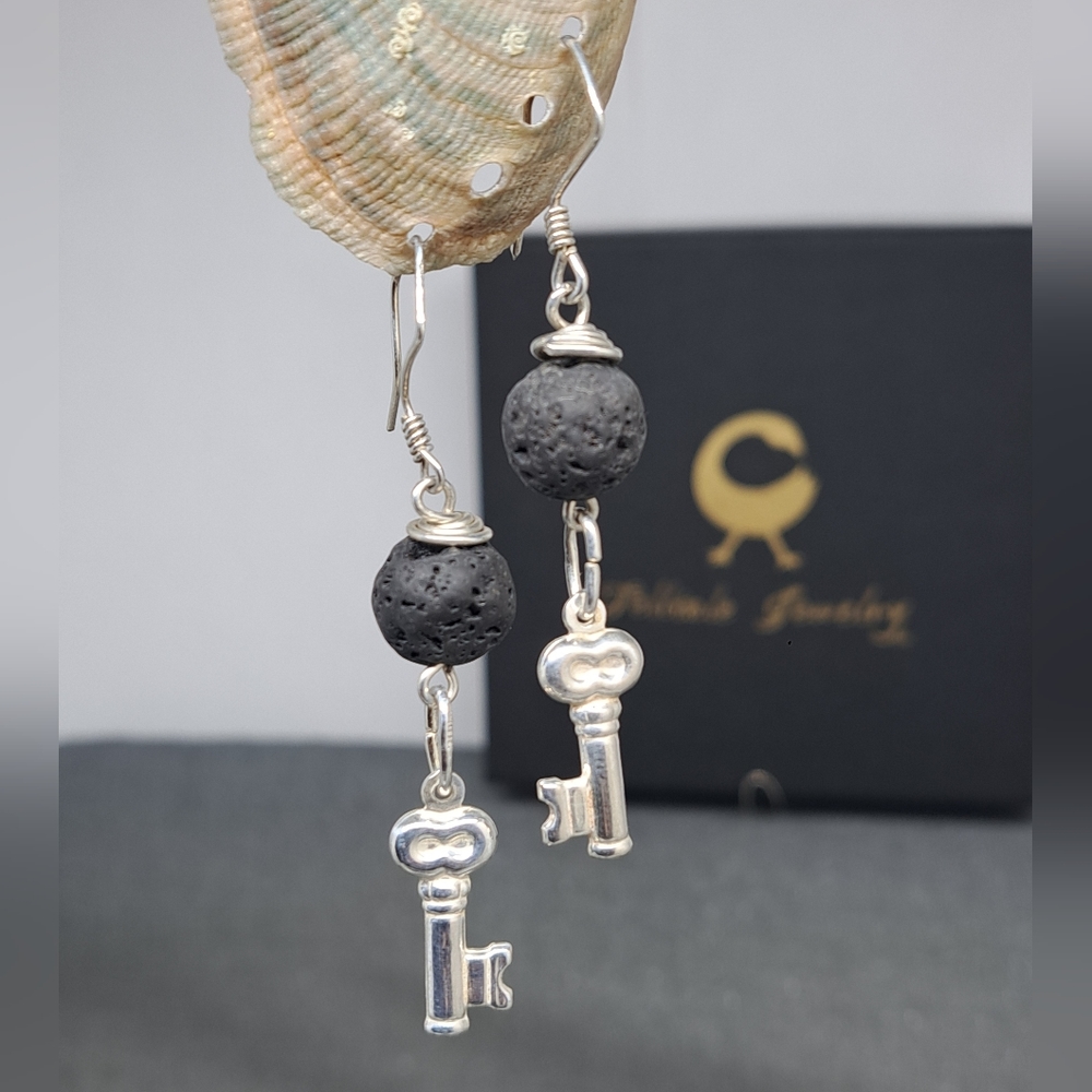 .925 Sterling Silver Key / Lava Stone Beaded Earrings
